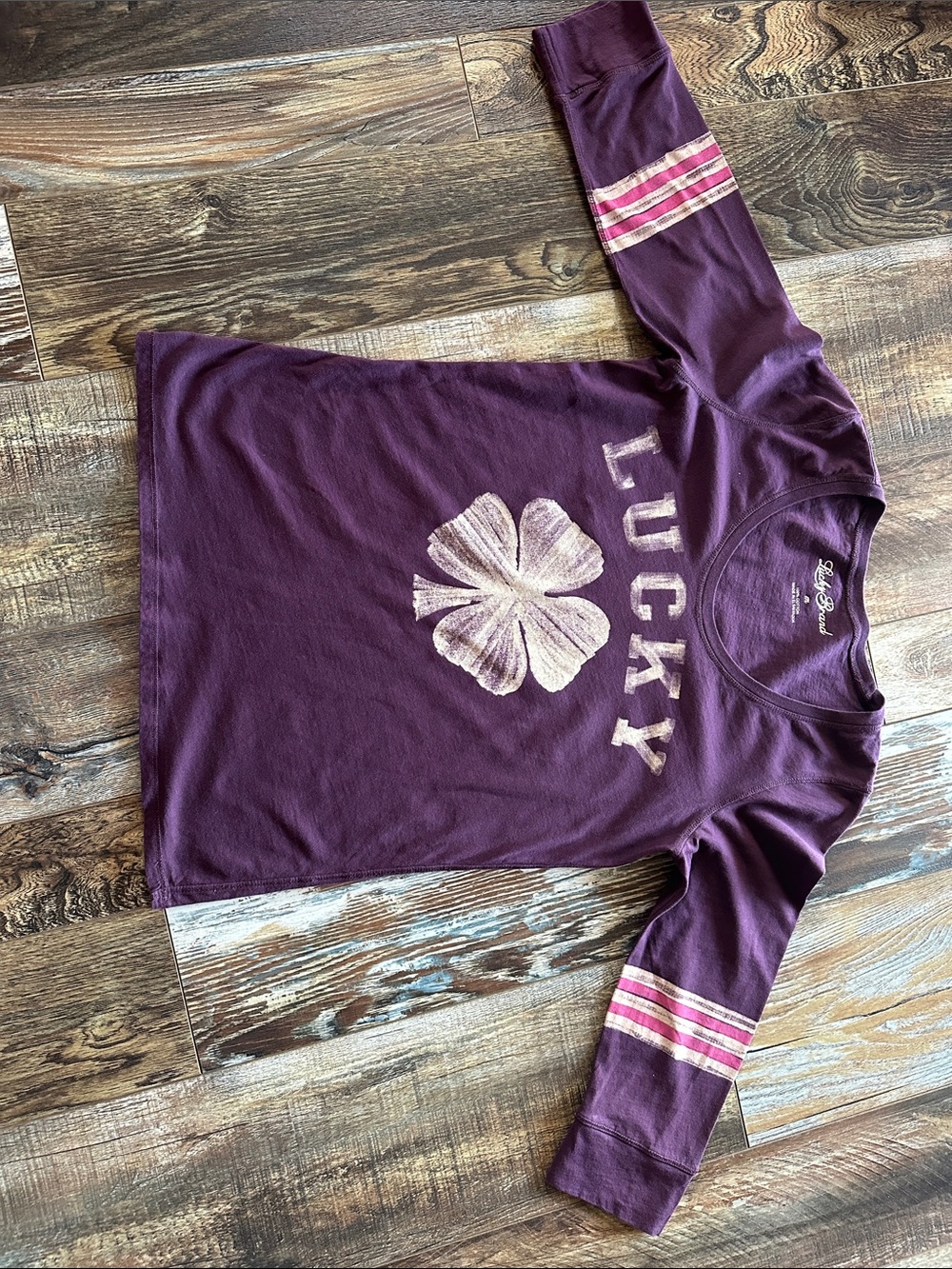 Lucky Brand Plum 3/4 -Sleeve Tee with Pink Stripe Sleeves